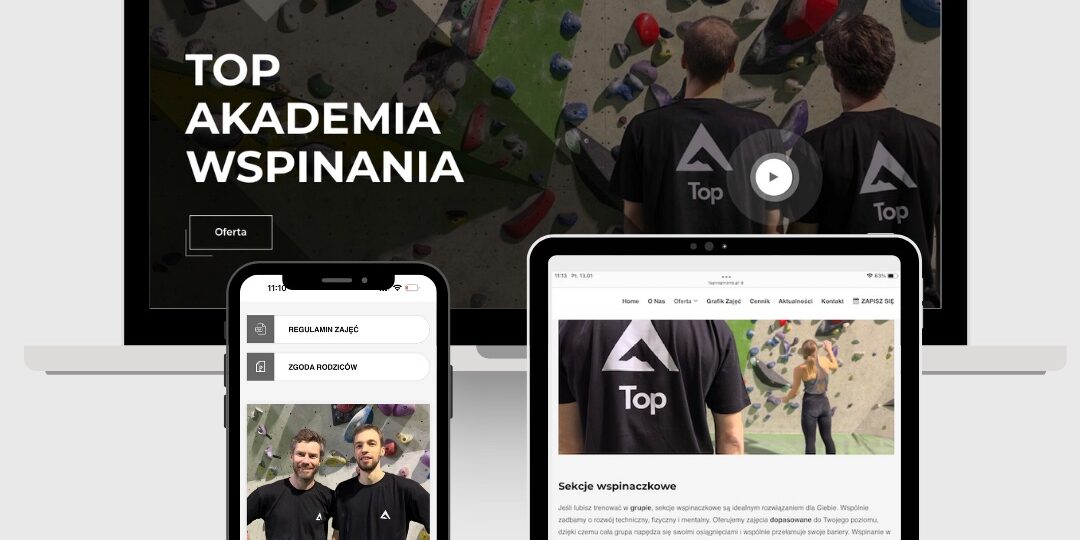 Top Akademia wspinania - projekt strony internetowej, prowadzenie social mediów, identyfikacja wizualna