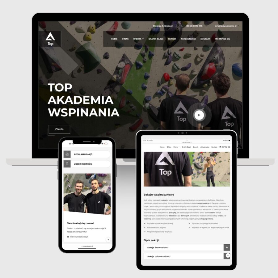 Top Akademia wspinania - projekt strony internetowej, prowadzenie social mediów, identyfikacja wizualna